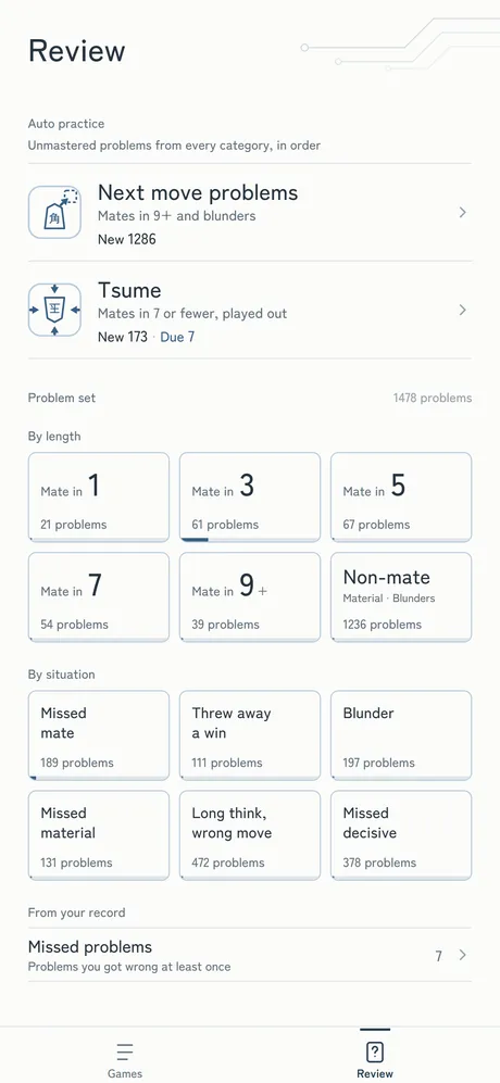 The Review screen: Auto practice (Next move problems and Tsume) and the problem set, which you can browse by length, situation and record