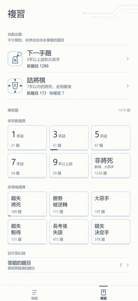複習畫面。自動出題（下一手題、詰將棋），以及可依手數、情境、紀錄挑題的練習題